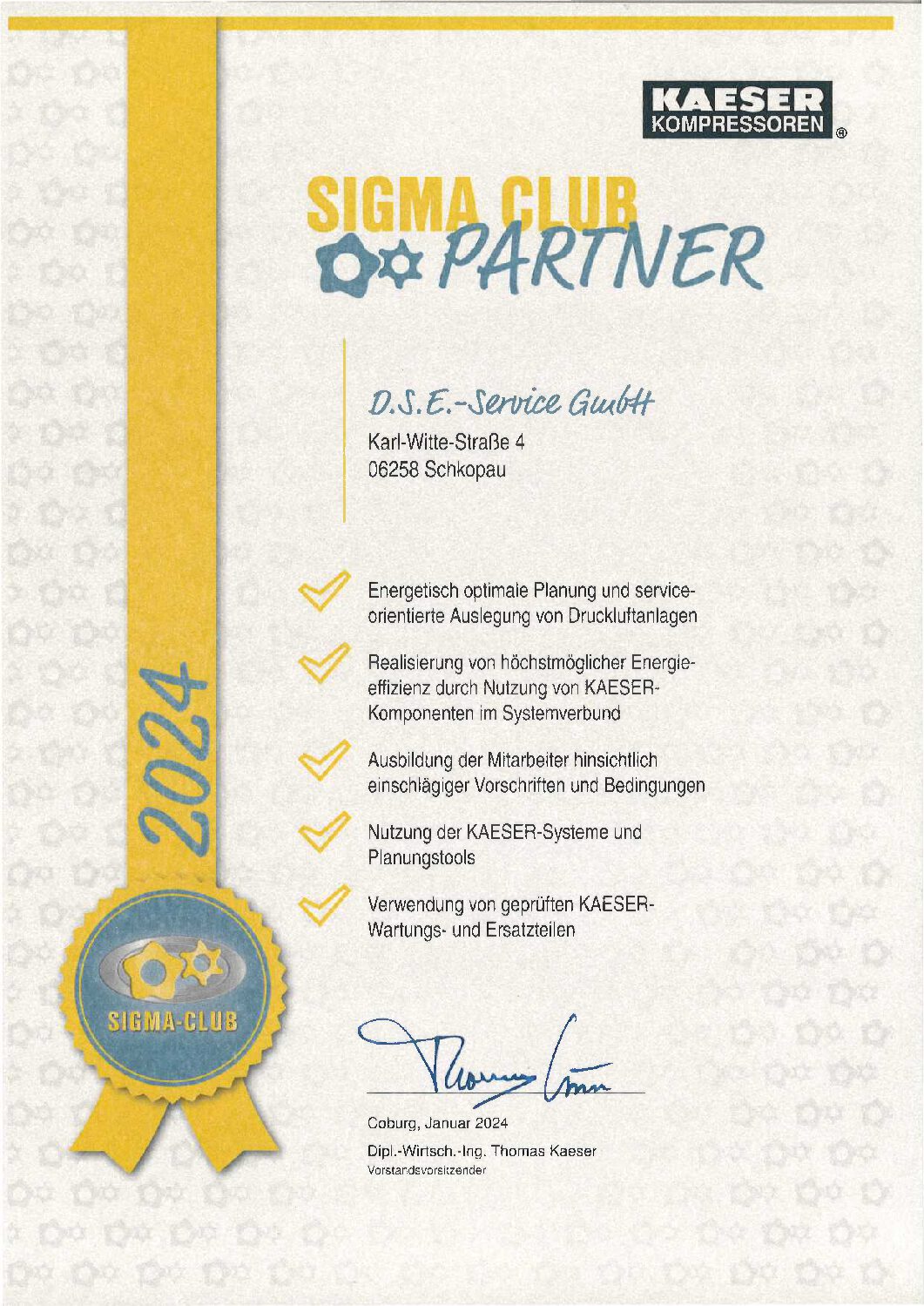 Zertifikat Sigma Club Partner Kaeser 2024